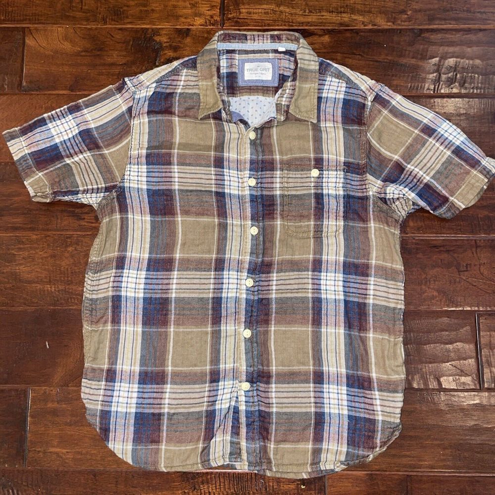 True Grit Shirt Plaid Organic Cotton‎ Short Sleeve Preppy Casual Size Large EUC